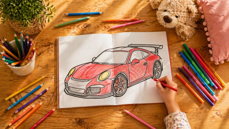 Child coloring vehicle pages with colored pencils on a wooden table