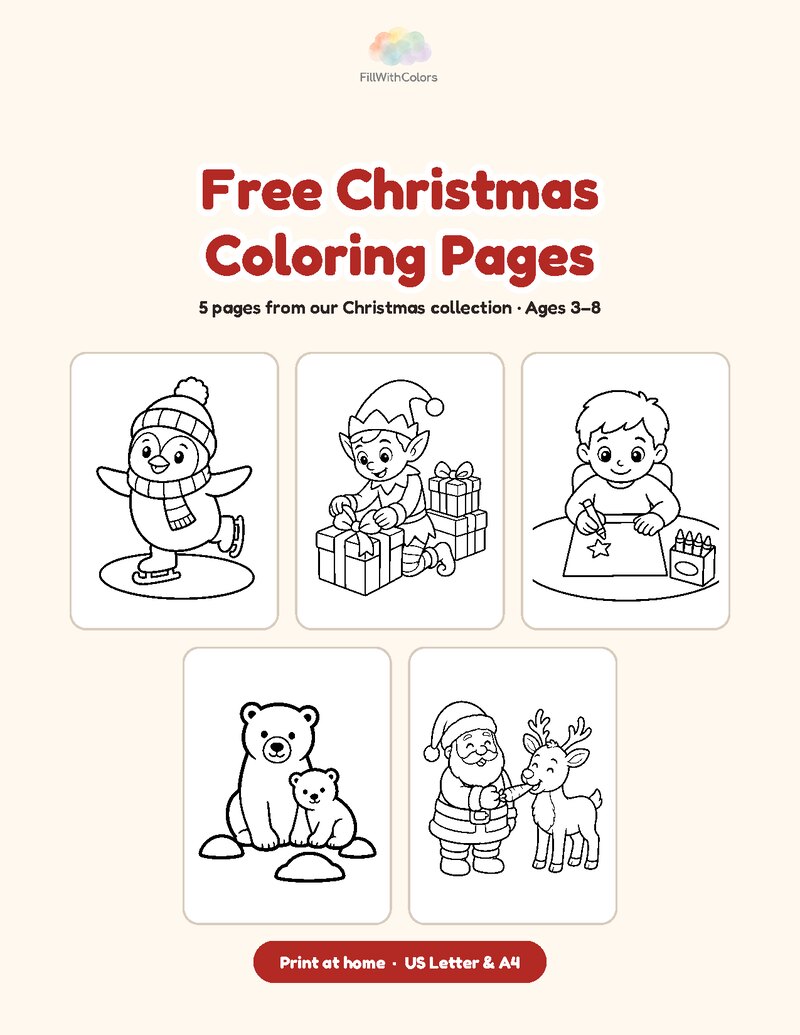 Preview of the 5 free Christmas coloring pages
